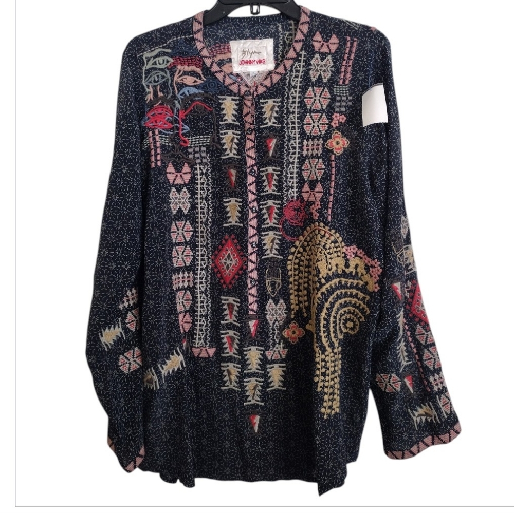 Johnny Was Biya Multicolor Bohemian Patterned Silk Top Size Medium